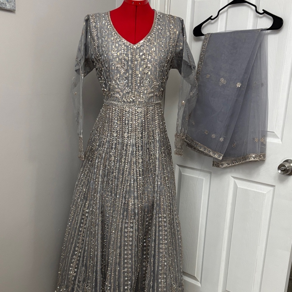 Silver Embellished V-Neck Women's Dress with Dupatta